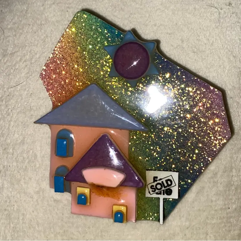 Lucinda House Pin ~ GORGEOUS Glittery Sky With Two Houses And A SOLD Sign In The Yard.  Great Gift For The Realtor In Your Life!