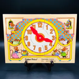 Djilly 05 - Vintage 1984 FISHER PRICE Teaching Clock Wooden Tray Puzzle