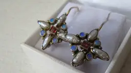 Vintage Garnet, Opal & Pearl Sterling Silver Fancy Cruciform Cross Drop Earrings 925