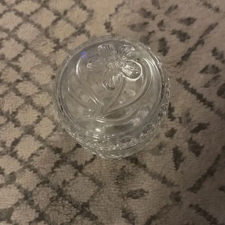 Glows! Vintage Avon Footed Clear Glass Lidded Jar Embossed Flower Detail - 4” tall and 3.5” in diameter