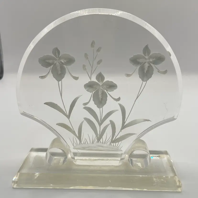 Vintage Floral Lucite Etched Art, Made In Taiwan, Orchid