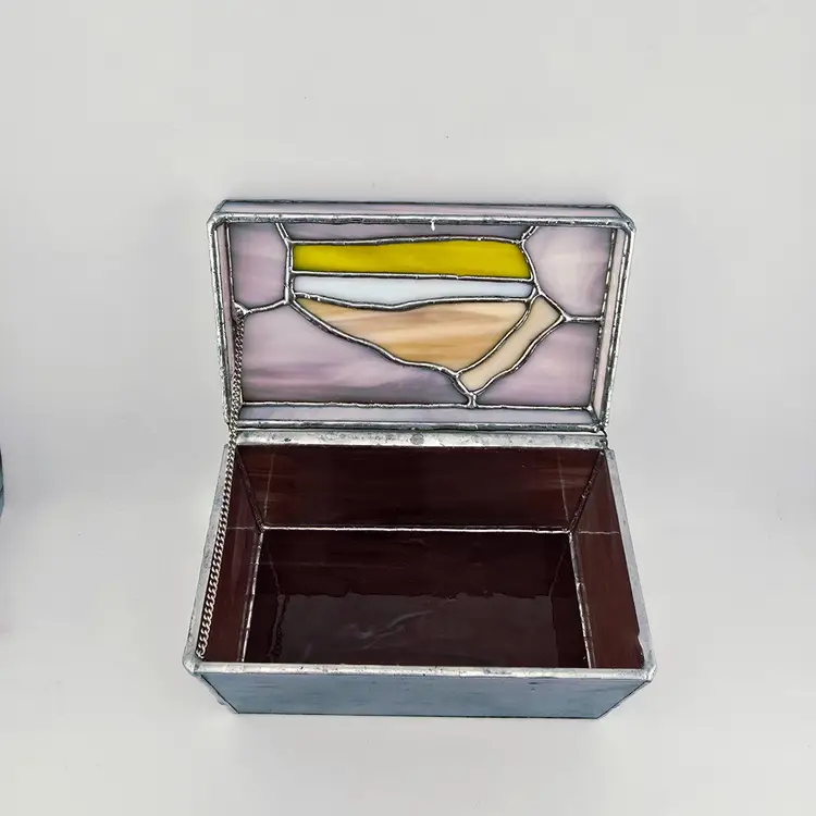 Vintage Purple Stained Glass With Pie Recipe Box 3.5'x5.5