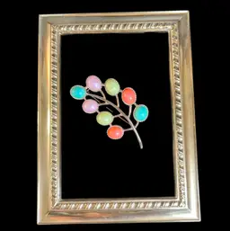 Signed "SARAH"-Sarah Coventry "Candy Land" Brooch. Introduced in 1973. Gold Tone Design Adorned w/ Oval Shaped, Multi-colored Pastel Cabochons