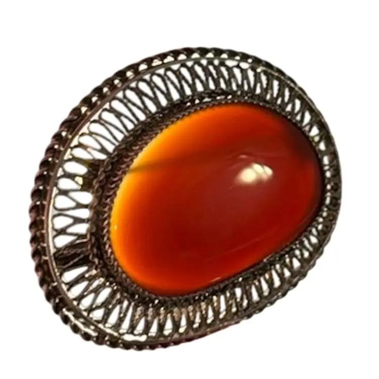 Older Vintage Threaded Filigree 925 Carnelian Pendant Brooch, 2”, 18.3g