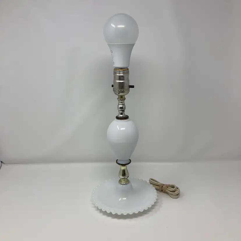 Vintage Milk Glass Lamp! 12 1/2” Tall Without Lightbulb! Working But Old Original Cord! No Shade! Color Changing Bulb Not Included! Patina To Metal!