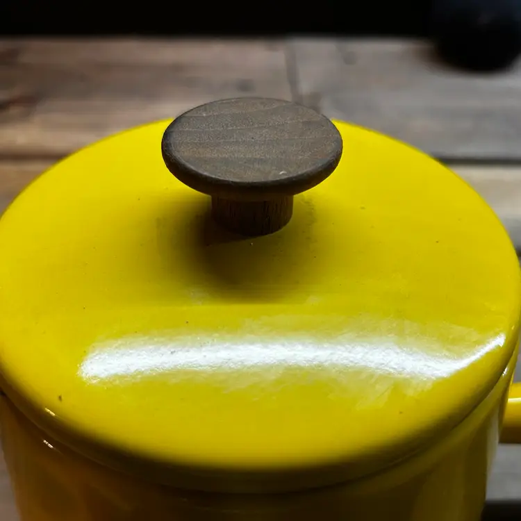 Yellow Enamel Fondue Pot Mid Century Modern MCM Copco Michael Lax Design Cottage