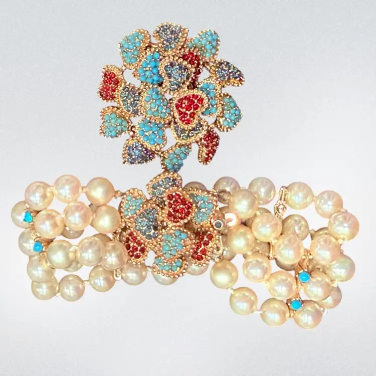 Rare Vintage1950’s Norman Ciner Demi-Parure Tri-Strand Faux Pearl, Turquoise, Sapphire, & Ruby Crystal Flower Bracelet & Brooch