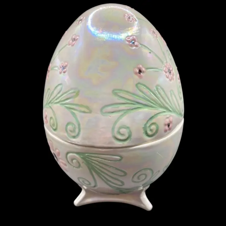 Ceramic Footed Easter Egg, Iridescent Shell with Green and Pink Flowers, 6" Tall