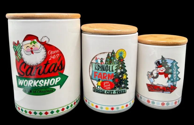 Set of 3 Creative Co-Op Lori Siebert Christmas Holiday Canister Jar Lid Santa