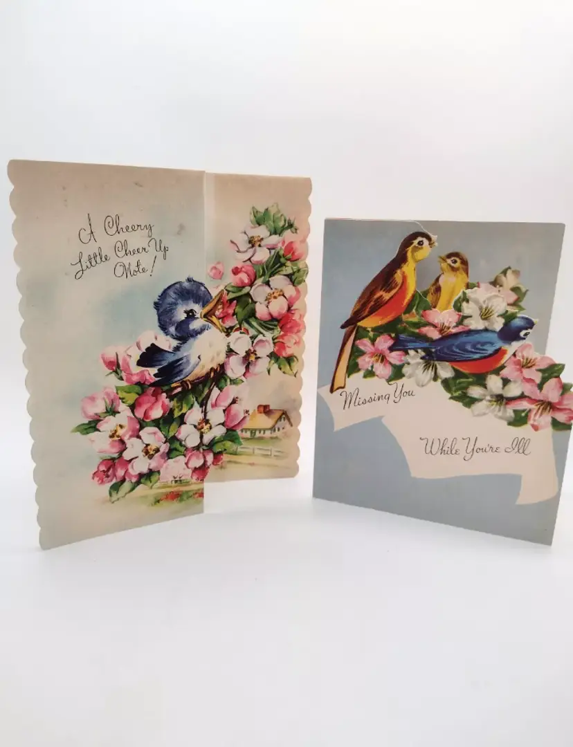 Mid Century Birds Get Well Greeting Cards Tri Fold Used Flowers Crafting USA Vtg