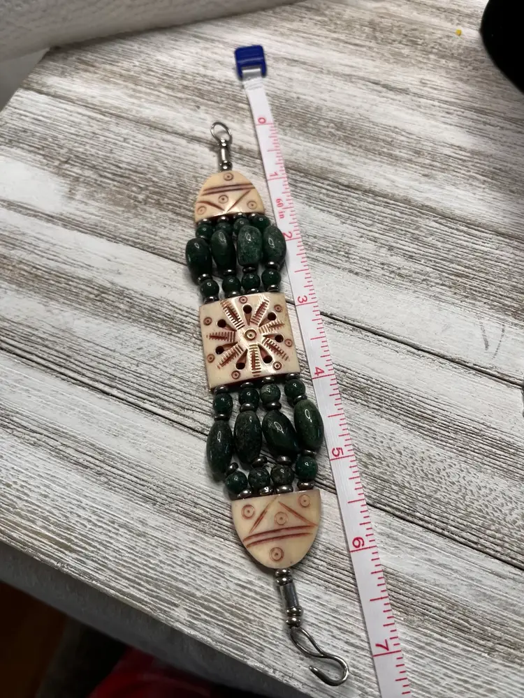 Jadite Stones And Bone Bracelet! Tribal Or Boho Look.  Shepard Hook Clasp.