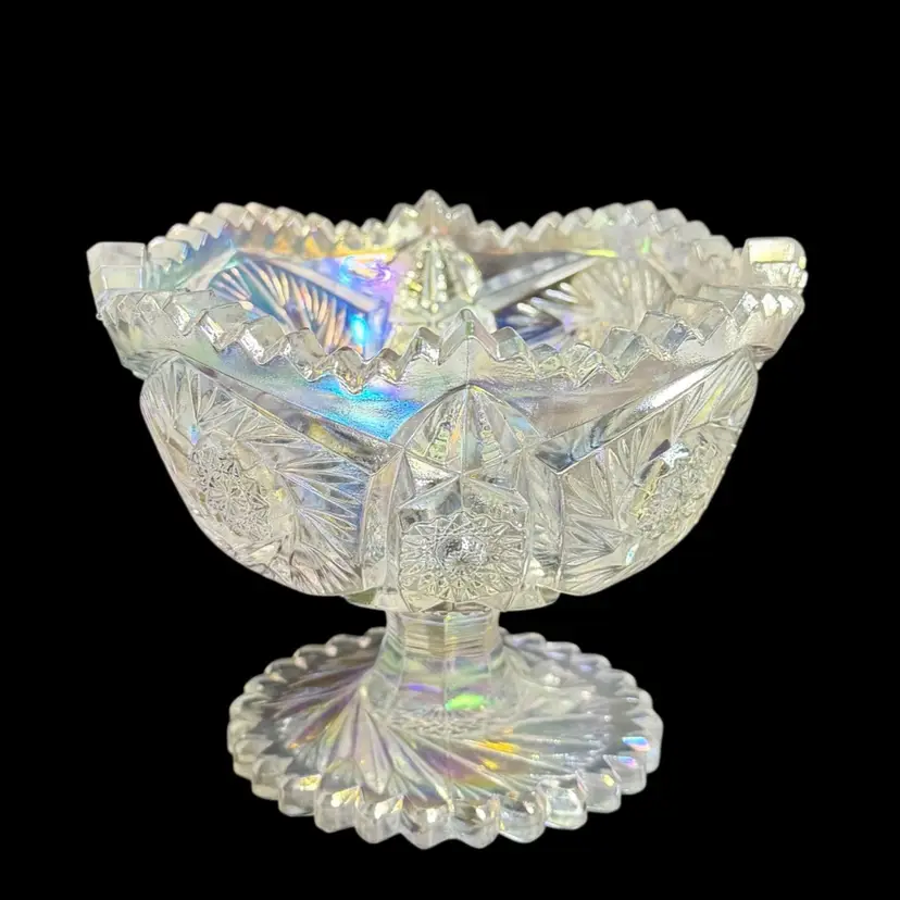 LE Smith #520 Aztec Heritage Footed Compote/Candy Dish Iridescent White  Carnival Glass
5” T x 6-1/2” W