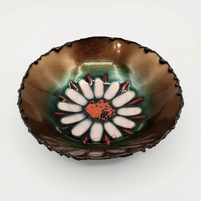 Vintage Laurana Rame D'Arte Italy Enamel on Copper Flower Bowl Trinket Dish Signed