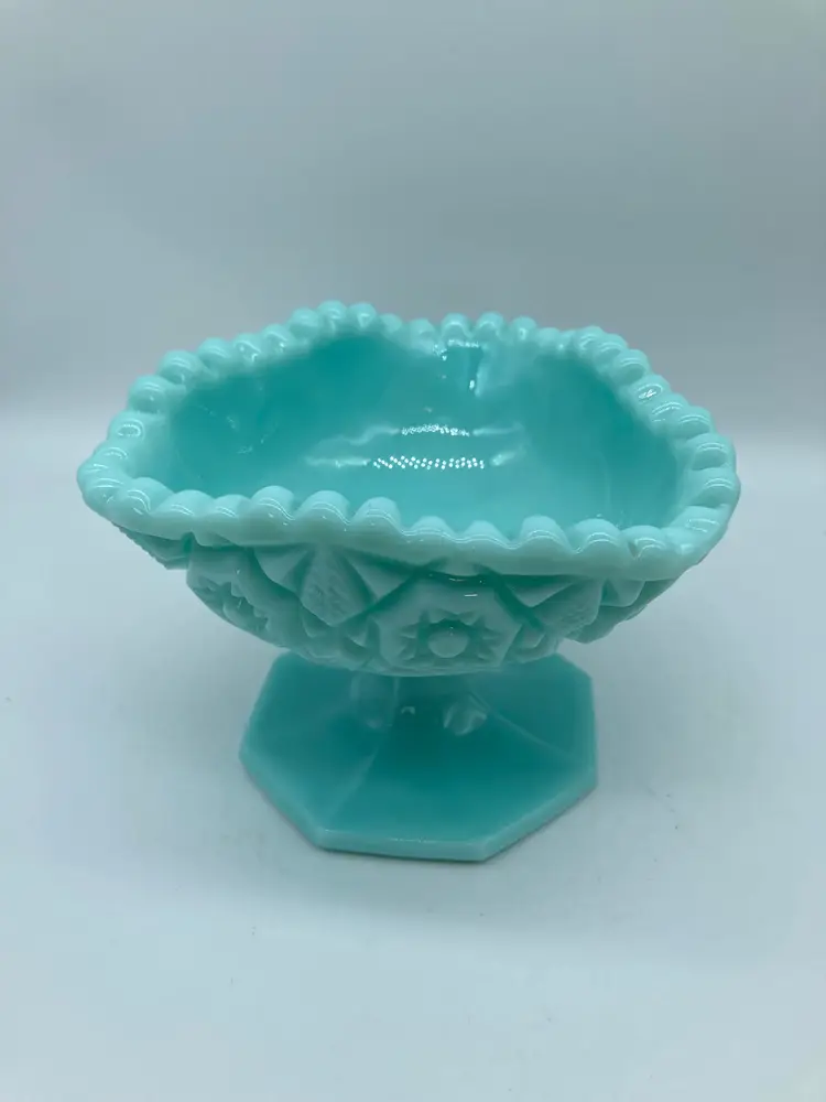 Fostoria Winburn Blue Milk Glass Tricorner Open Jam Jelly Pedestal Dish Compote