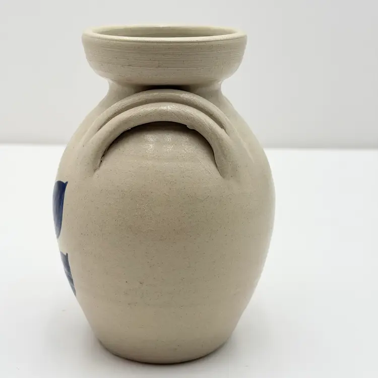 Williamsburg Pottery Salt Glaze Blue Leaf Vase with Double Handles