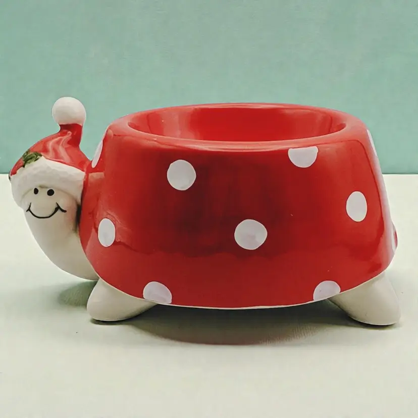 Turtle In Santa Hat Fitz & Floyd Votive Candle Holder Red With White Dots No Top