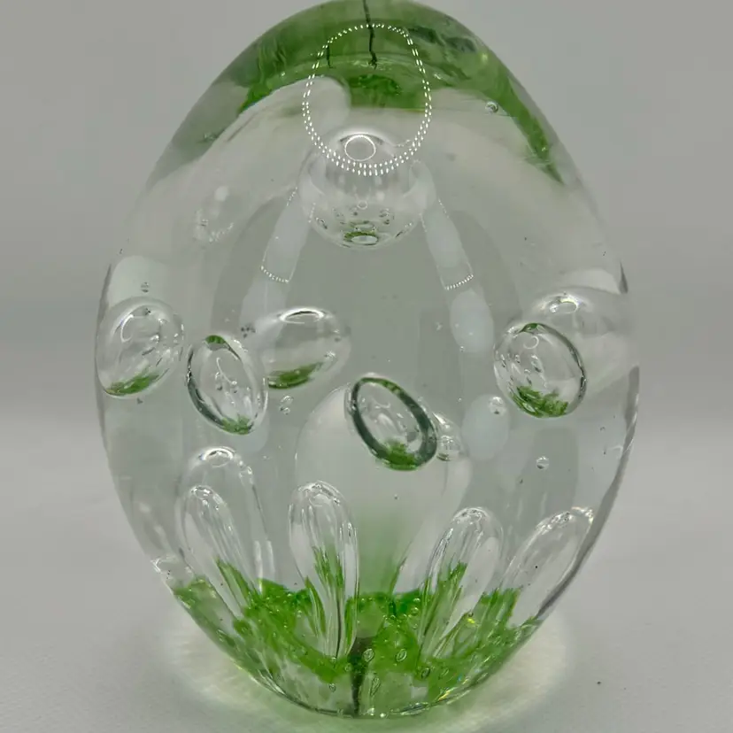 Vintage Handblown Art Glass Oval Paperweight, Big Controlled Elongated Bubbles, Green Clear Glass, Unsigned
