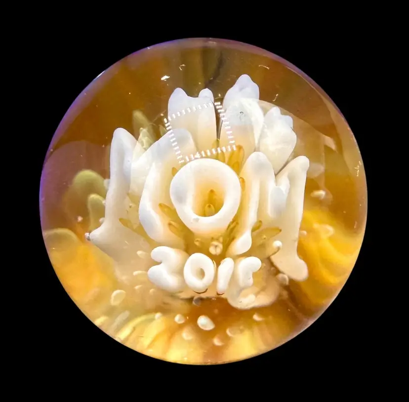 Contemporary Handmade Art Glass Marble .84” Word Implosion Happy Birthday Mom