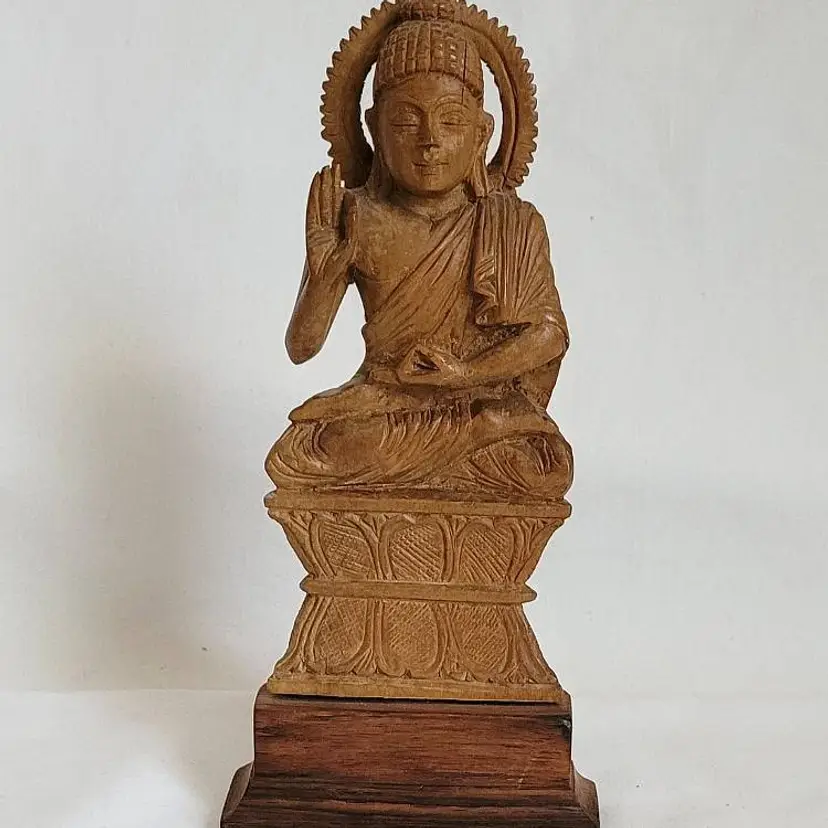 Buddha Figurine on Wood Base 6 1/4 in Tall