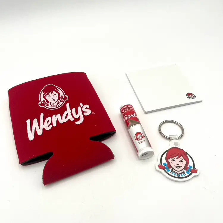 Wendy's Promo Swag Bag - Coozie, Frosty Lip Balm, Keychain, Post-It Notes Set