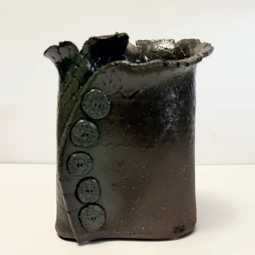 Art Pottery Double Sided Vase Split Rim Applied Buttons Signed Artist BB