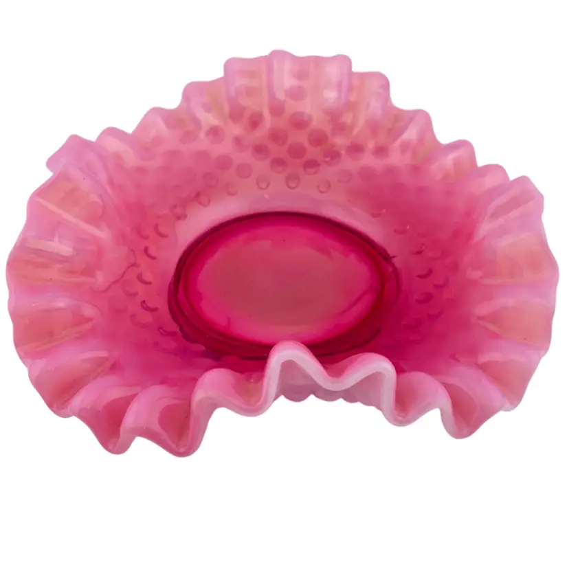 Fenton Cranberry Glass Opalescent Hobnail Ruffled Bon Bon Candy Dish
