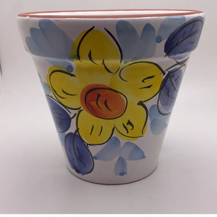 FFF Pottery Terracotta Planter with Flowers Portugal 4.5 x 4.76” Hand Painted