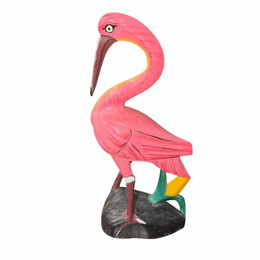 Vintage Hand Painted Folk Art Pink Flamingo Wood Sculpture Tropical Coastal Décor