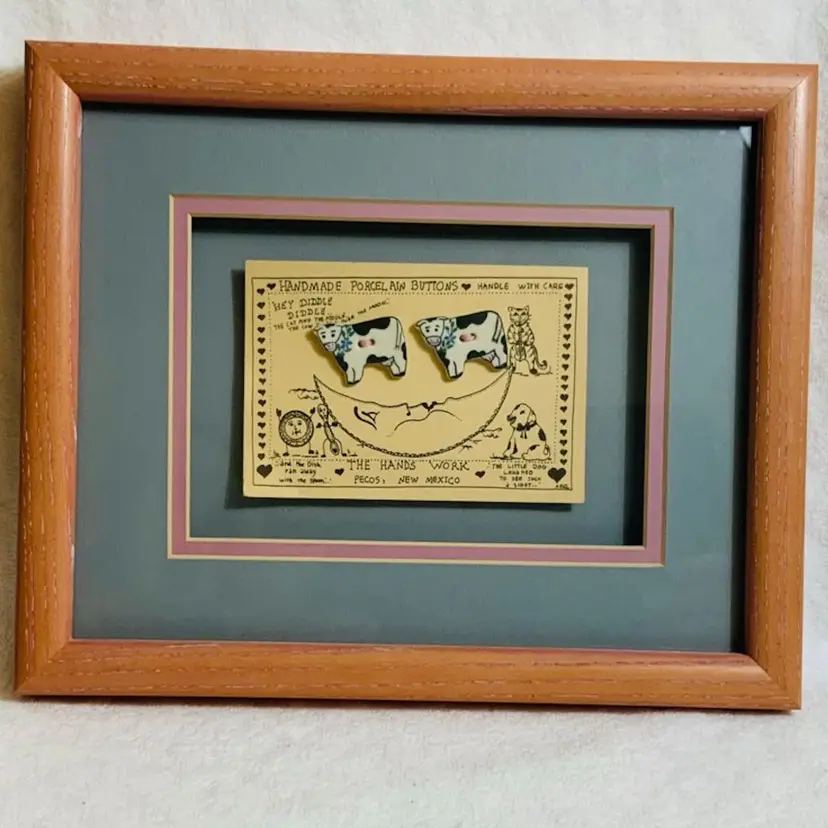 Vintage 3D Art Display Of Hand Crafted Porcelain Buttons Made In Pecos, New Mexico Matted & Framed 9” By 11”