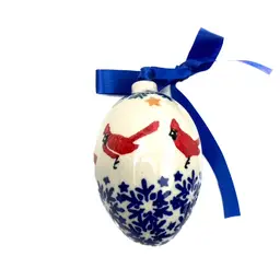 Cardinals Polish Pottery Holiday Christmas Egg Shaped Ornament Snowflakes Birds