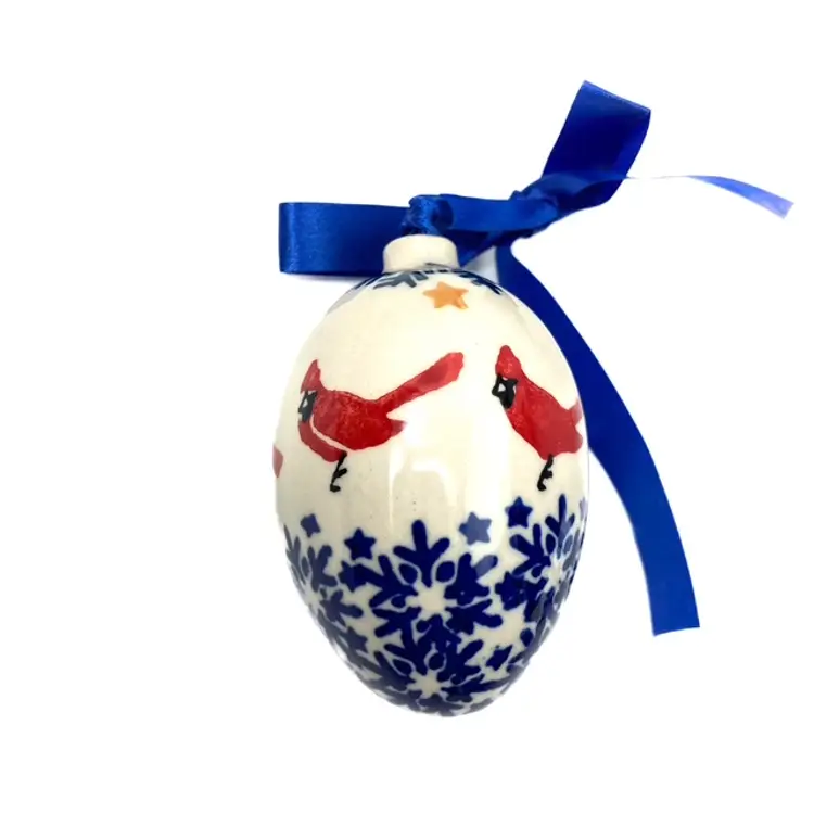 Cardinals Polish Pottery Holiday Christmas Egg Shaped Ornament Snowflakes Birds