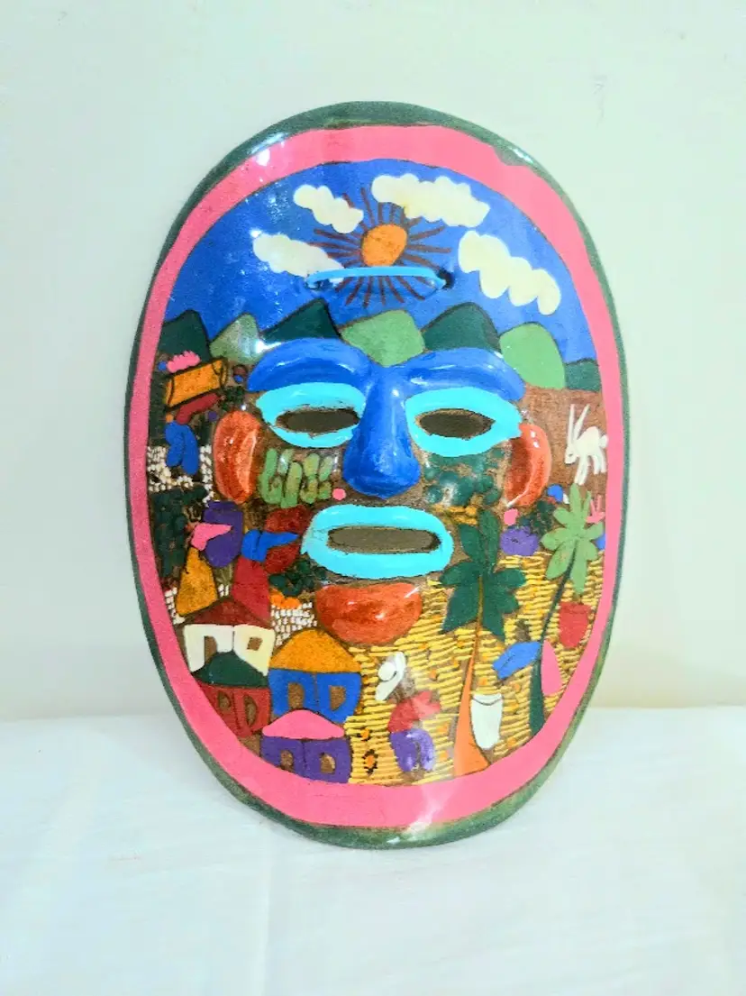 Hand Painted Terracota Mexican Clay Face Mask Wall Decor Art 9”