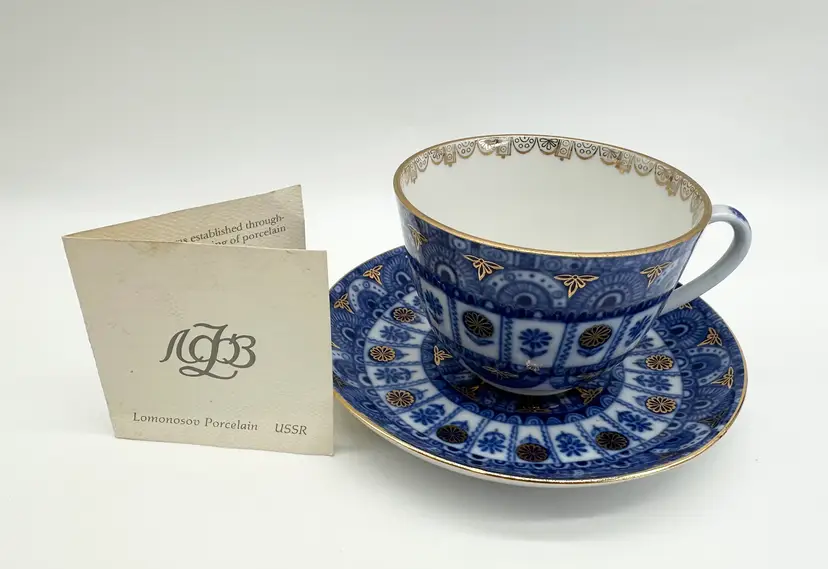 Lomonosov Porcelain USSR  Spring Florals Arches Cobalt Blue 22kt Gold Cup & Saucer