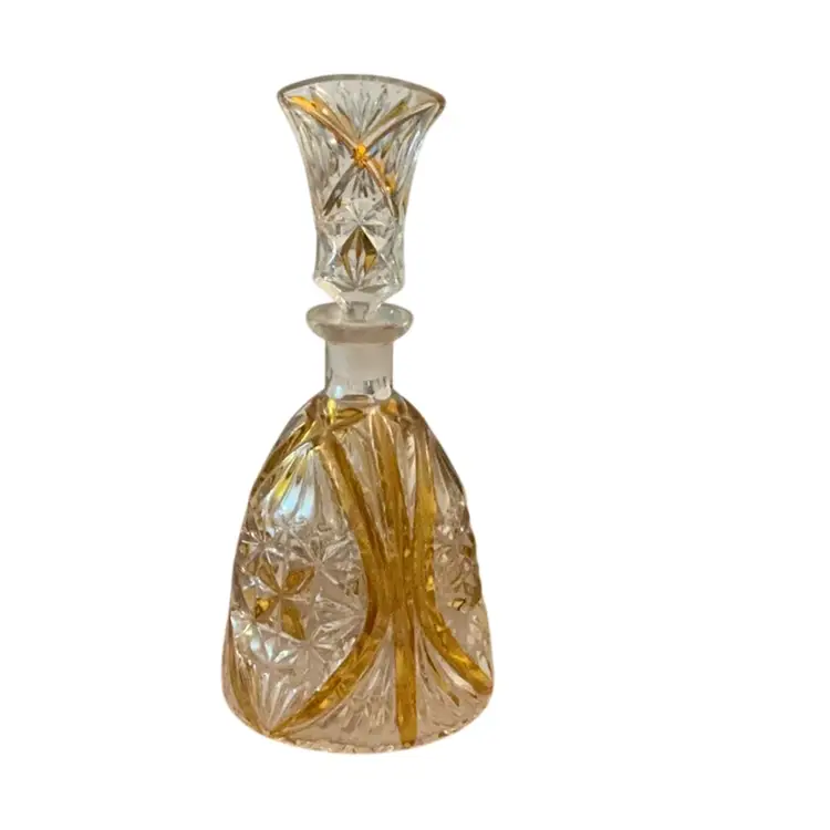 Karl Palda Vintage Art Deco Bohemian Cut To Clear Amber Decanter And Two Cordials Or Champagne Flutes