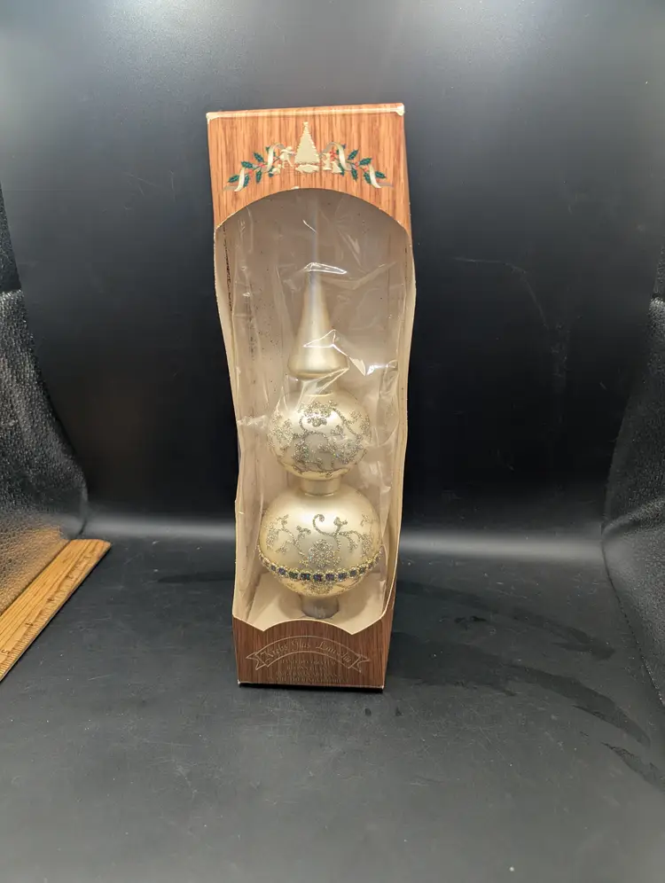 Vintage Krebs Glas Glass Lauscha Ivory Christmas Tree Topper 11" Decorated Glitter With Embellishments in Box.
