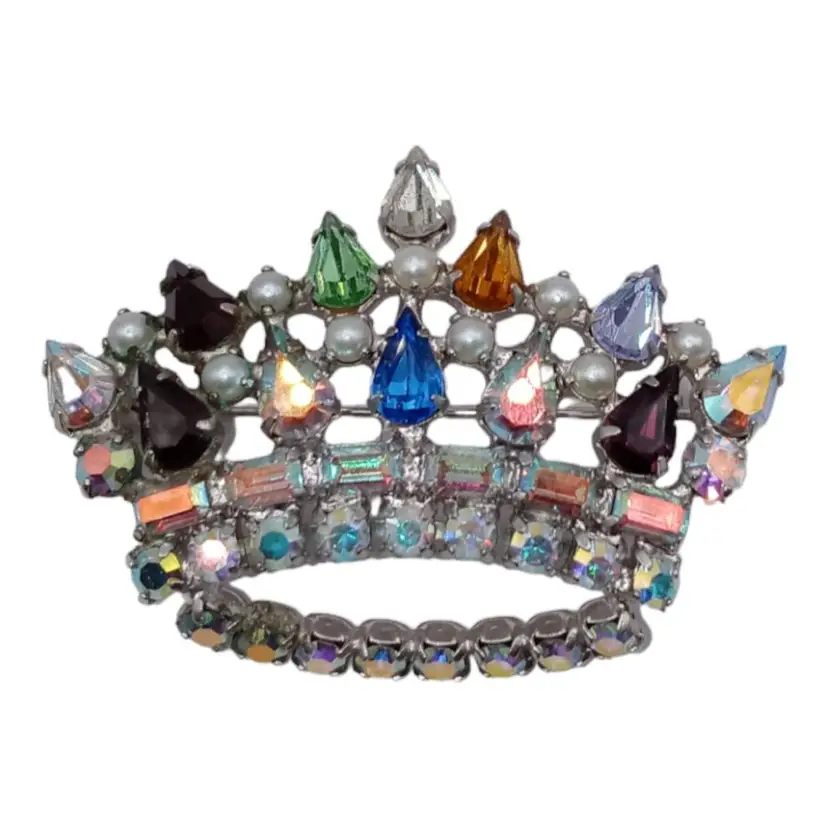 Vintage B. David Mother's Crown Rhinestones & Fax Pearl Brooch
