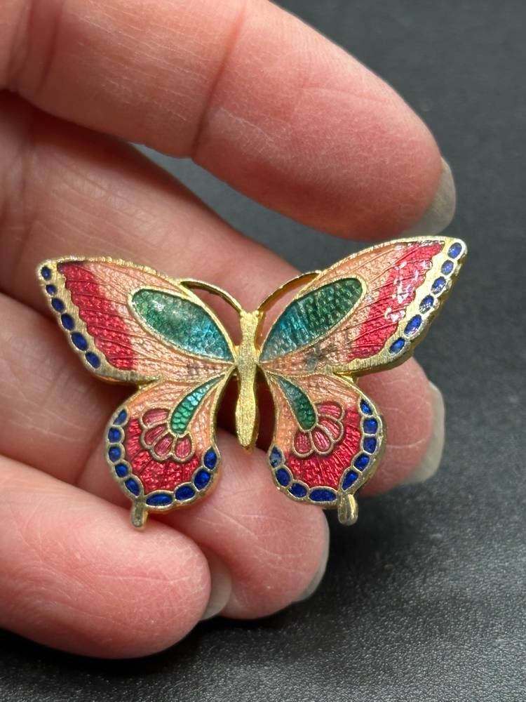 Vintage Blue Black Red Cloisonne Enamel Butterfly Flying Insect Dainty Brooch