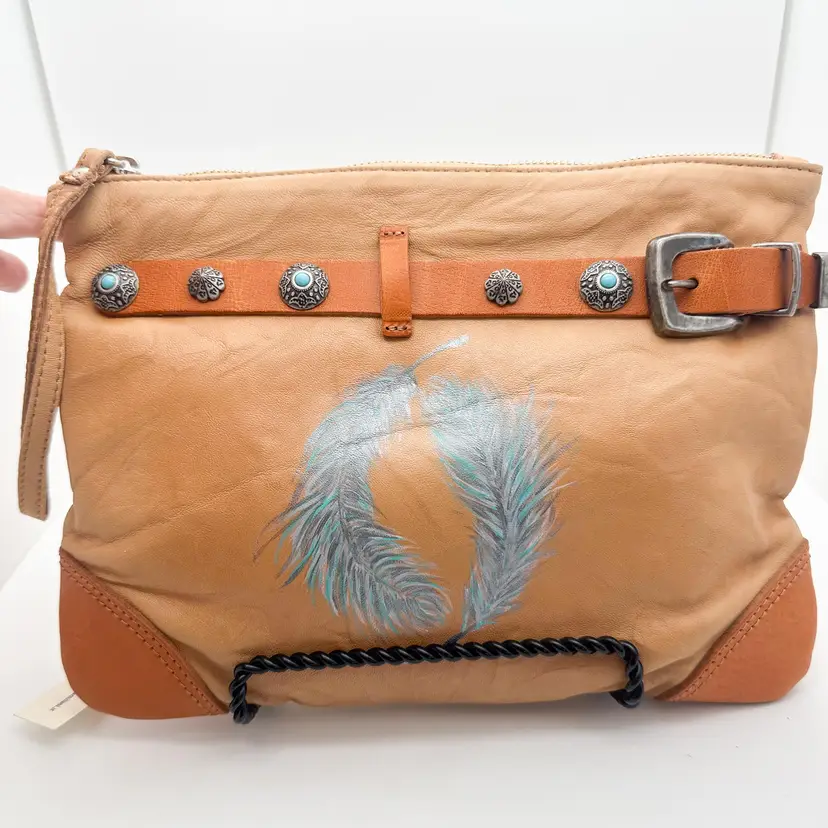 Hand Painted Feathers Brown Leather Crossbody Handbag by Giorgia Milani, Italy