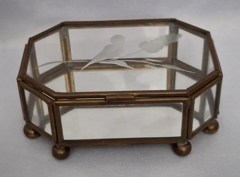 Vintage Etched Bird Glass Jewelry Trinket Box