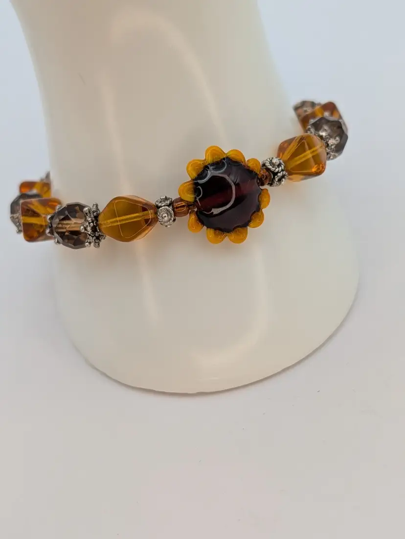 Art Glass Sunflower Beaded Bracelet With 925 Sterling Silver Toggle Clasp 7.5"