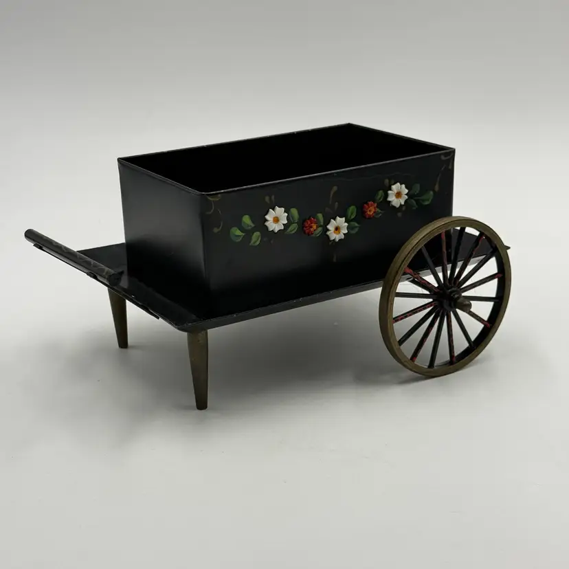 Vintage Toleware Painted Black Metal Flower Planter Bar Cart Box European Style Folk Art