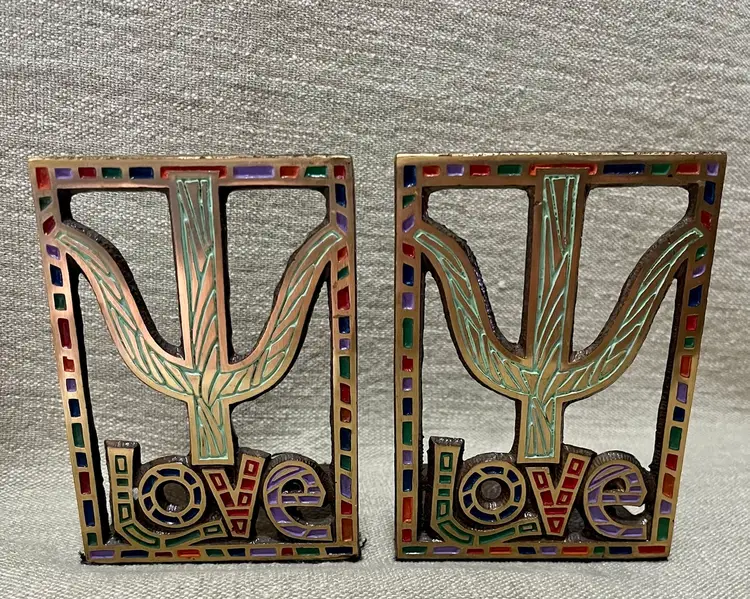 1967 Solid Brass LOVE Book End Pair Mosaic Enamel Terra Sancta Guild Israel