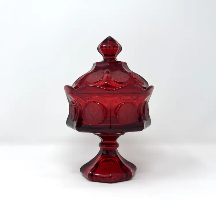 Ruby Red Fostoria Coin Glass Wedding Cake Dish with Lid, 9in, Pedestal, 1960s Pressed Glass (0317-25)