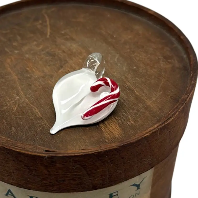 J. Bloemer Handmade USA Art Glass Candy Cane Pendant - White Back Clear Cased Top - 1.75”