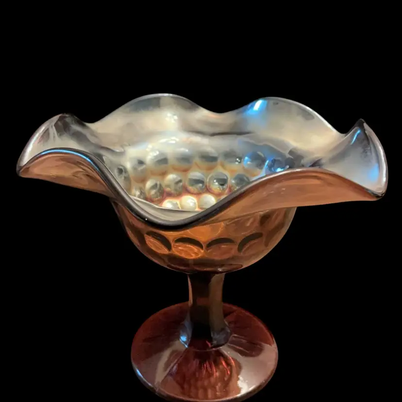 Vintage Fenton Amethyst Carnival Glass Thumbprint Ruffled Edge Pedestal Compote 4.5” x 5.5”-READ