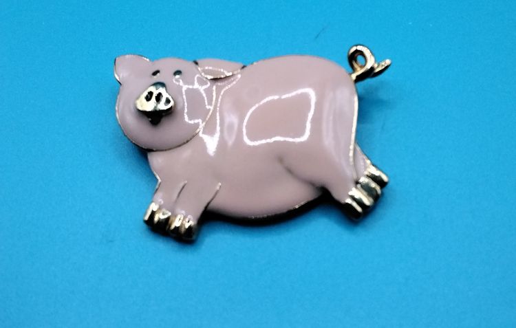 Pink Pig Brooch Pin Gold Toned & Enameled Signed TC