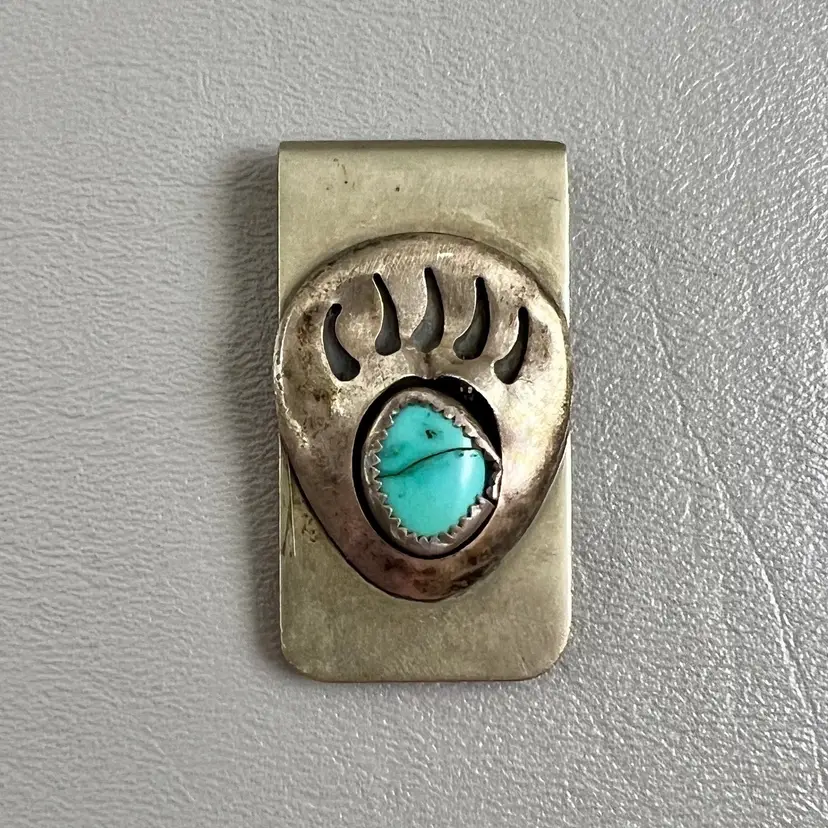 Vtg Handmade Native American Style Bear Claw Turquoise Silver Tone Money Clip 1.75"