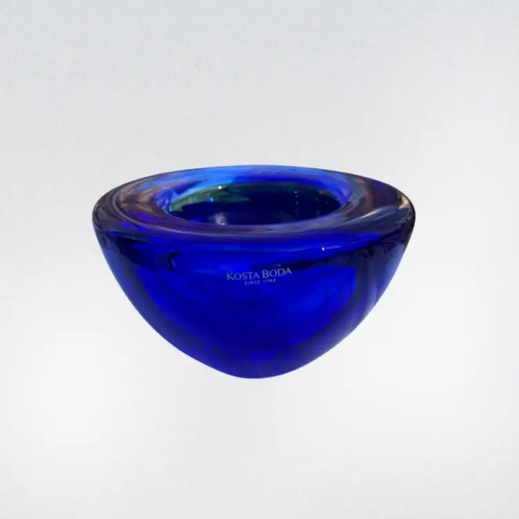 Kosta Boda Atoll Blue Swirl Art Glass Bowl Cobalt, Tealight Holder Votive Candle