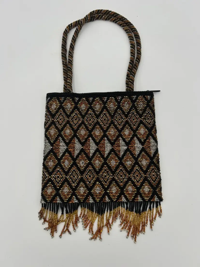 Black Bronze Gold & Silver Seed Bead Satchel Purse With Beaded Handles & Fringe