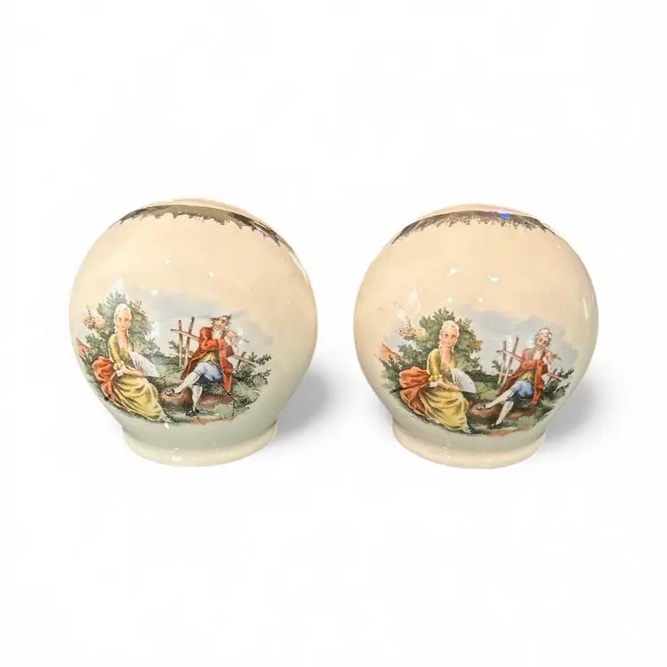 Antique Round Ball Pastoral Scene Salt And Pepper Shakers
